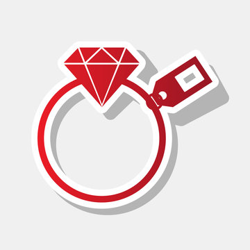Diamond sign with tag. Vector. New year reddish icon with outside stroke and gray shadow on light gray background.