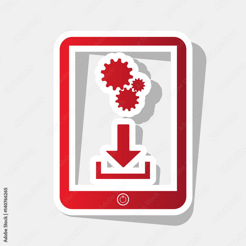 Poster phone icon with settings symbol. vector. new year reddish icon with outside stroke and gray shadow o