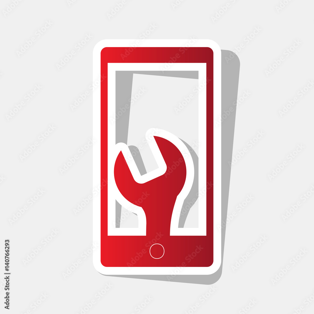 Poster phone icon with settings. vector. new year reddish icon with outside stroke and gray shadow on light