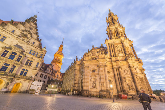 DRESDEN - JULY 2016: City square with tourists at night. Dresden is a famous attration in Saxony