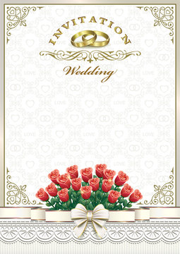 Wedding invitation with a bouquet of roses and rings