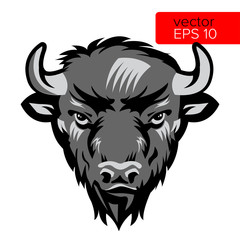 American Bison Bull Mascot Head Vector Illustration. Black And White Buffalo Head Animal Symbol Isolated On White Background.