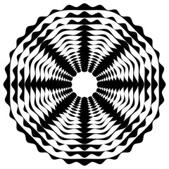 Promieniujący / promieniowy abstrakcyjny okrągły element geometryczny. Streszczenie czarno-biały kształt - 140767039