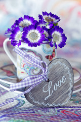 Congratulation with a flowers in a pot decorated with a heart. 