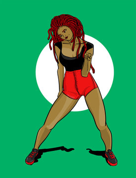 Girl with red dreadlocks in red shorts dancing on a green background