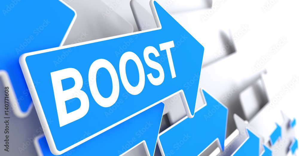 Poster boost - message on blue pointer. 3d.
