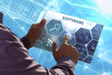  Business, Technology, Internet and network concept . Young business man working on the tablet of...