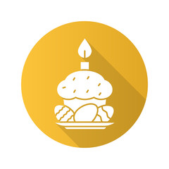 Easter eggs, cake and candle. Flat design long shadow icon
