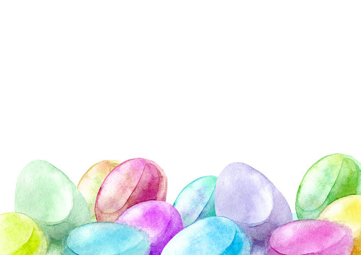Border of a Easter eggs.Spring image.Watercolor hand drawn illustration.
