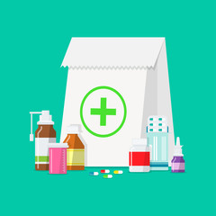 Medical tablets, bottles, pills in a flat style.