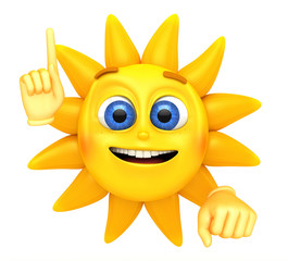 Sun character points his finger. 3d rendered illustration.