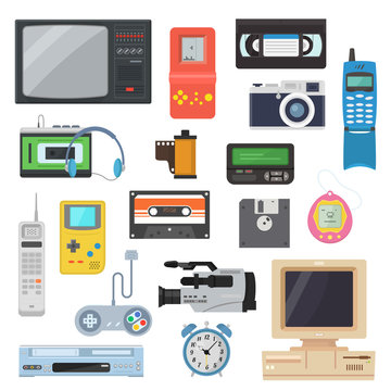 Icons of retro gadgets of the 90's in a flat style