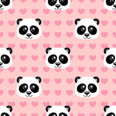 Seamless pattern with cute cartoon panda and heart on pink background