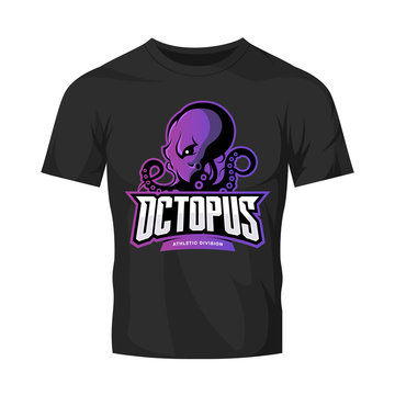 Furious octopus sport vector logo concept isolated on black t-shirt mockup. Modern professional team badge design.
Premium quality wild cephalopod mollusk t-shirt tee print illustration.