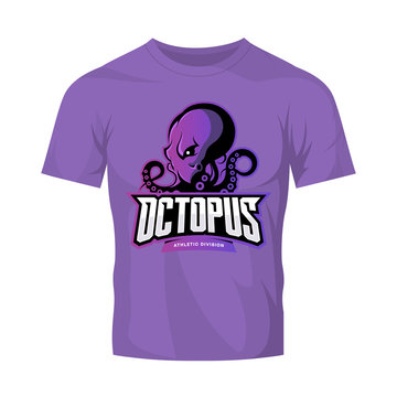 Furious octopus sport vector logo concept isolated on purple t-shirt mockup. Modern professional team badge design.
Premium quality wild cephalopod mollusk t-shirt tee print illustration.
