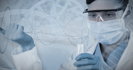 Fototapeta na wymiar Composite image of female scientist holding laboratory glassware