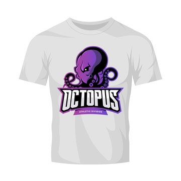Furious octopus sport vector logo concept isolated on white t-shirt mockup. Modern professional team badge design.
Premium quality wild cephalopod mollusk t-shirt tee print illustration.