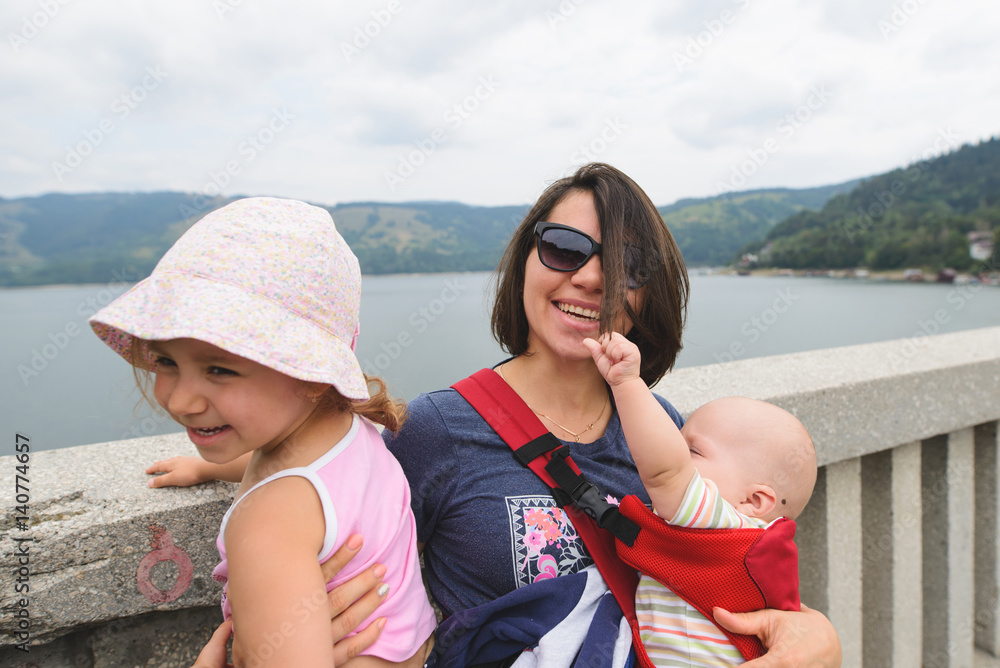 Sticker Happy Woman with Children on Bridge