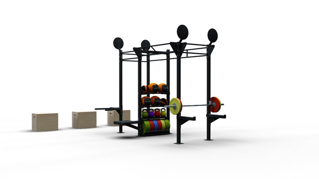 Metal sport rack and equipment 3D render