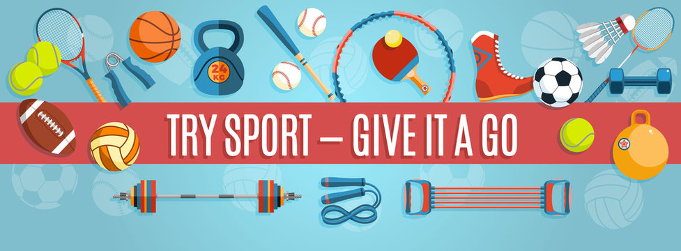Set of sport balls and gaming items at a blue background. Healthy lifestyle tools, elements. Vector Illustration.