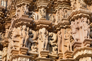 Ancient reliefs at famous erotic temple in Khajuraho, India