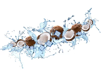 Gordijnen Water splash met kokos geïsoleerd op een witte achtergrond. Splash beweging met fruit. Abstract object © verca