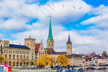 Obraz premium Switzerland. Panorama of Zurich with lake with boats on foreground