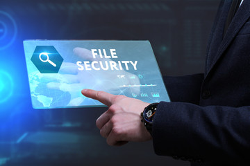 Business, Technology, Internet and network concept. Young businessman working on a virtual screen of the future and sees the inscription: File security