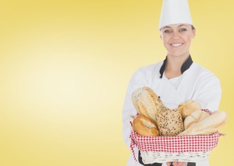 Chef with bread against yellow background