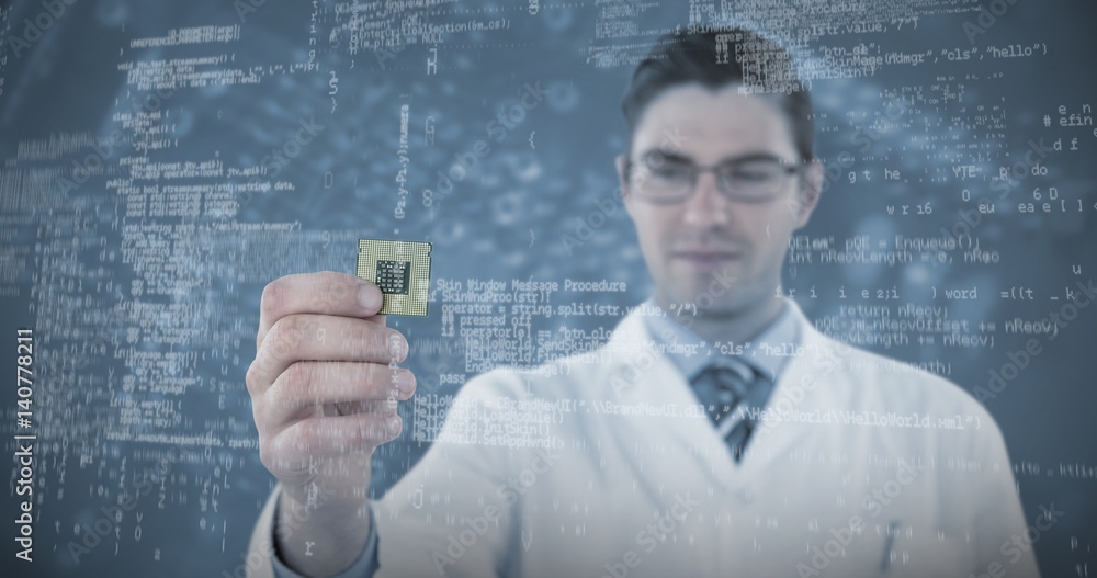 Poster composite image of engineer holding computer chip