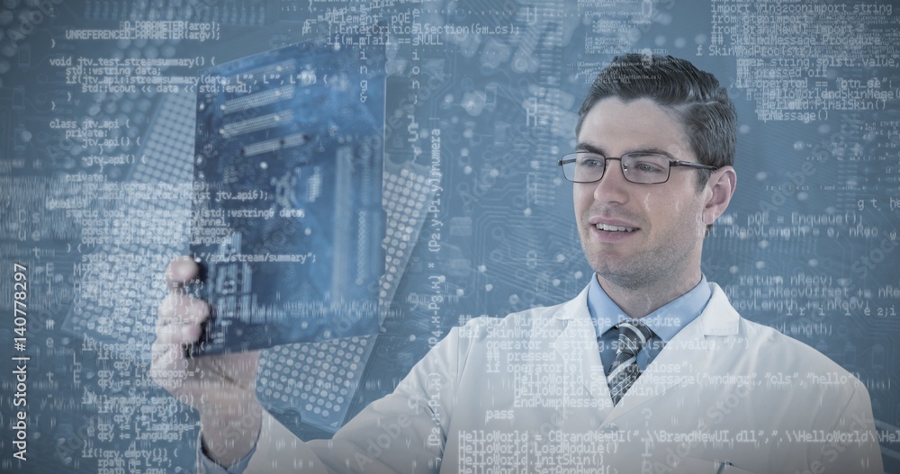 Poster composite image of computer engineer holding motherboard