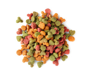 Heap of cat food on white background