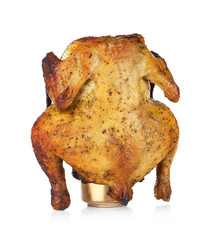 Grilled beer can chicken on white background