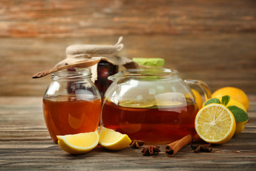 Natural ingredients for cough remedy on wooden table