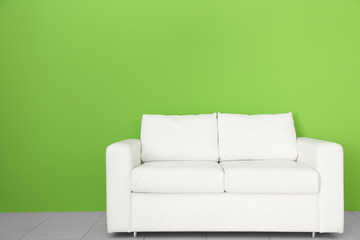 Room interior with sofa on color wall background