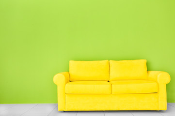 Room interior with sofa on color wall background