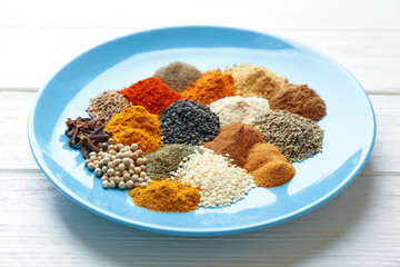 Plate with mix of different spices on wooden table
