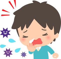 クシャミする男性と飛び散るウイルス