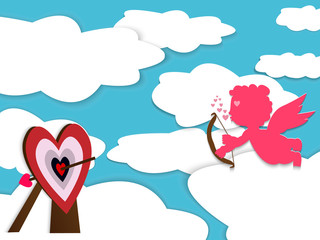 Cupid angel with bow and shooting arrow at heart target 