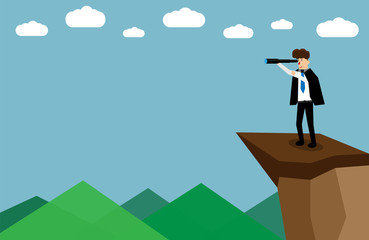 young businessman standing on cliff and looking for successful opportunities concept with blank space 