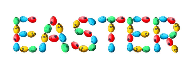 Word EASTER made of eggs on white background