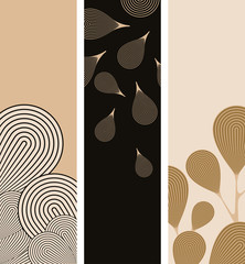 Fototapeta na wymiar stylized leaves and petals bookmarks in gold and black shades