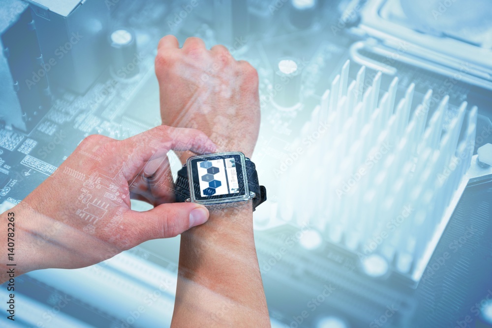 Poster Composite image of cropped image of man using watch
