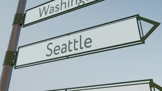 Seattle direction sign on road signpost with American cities captions. 4K conceptual clip