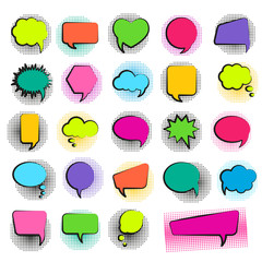 Bubble speech set in pop art style and halftone dots background. Vector illustration.