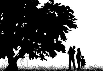 family under large oak silhouette isolated on white