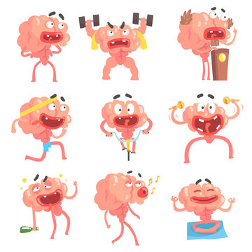 Humanized Brain Cartoon Character With Arms And Legs Funny Life Scenes And Emotions Collection Of Illustrations