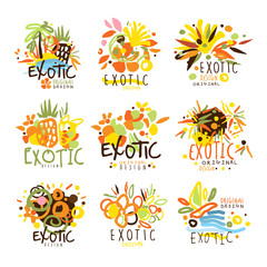 Exotic Summer Vacation Colorful Graphic Design Template Logo Set, Hand Drawn Vector Stencils