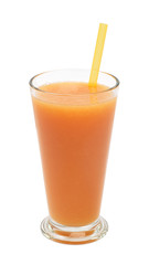 freshly grapefruit juice in a glass with straw on a white background