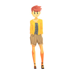 Girl In Stripy Shorts And Yellow Jacket With Short Red Hair, Young Person Street Fashion Look With Mass Market Clothes